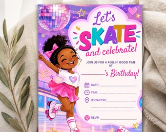 Uitnodiging voor een rolschaatsverjaardag, roze disco-rolschaatsfeestuitnodiging, kleurrijke rolschaatsverjaardagssjabloon, printbare verjaardagskaart voor meisjes