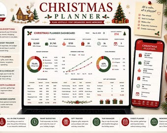 Modèle de feuille de calcul Google Sheets pour la planification de Noël, planificateur de vacances, suivi du budget de Noël, liste de cadeaux, organisateur de Noël