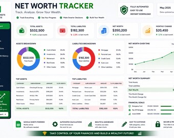 Net Worth Tracker Google Sheets, PersonalFinance Dashboard, Reichtum Tracker, Tabelle für Aktiv & Haftung, Haushaltsplaner