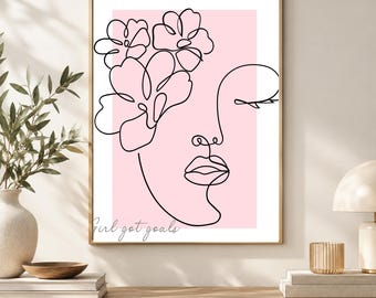 Różowa abstrakcyjna grafika ścienna z twarzą, plakat do druku Girl Power, minimalistyczny wydruk liniowy, kobieca, nowoczesna dekoracja ścienna, pobieranie cyfrowe