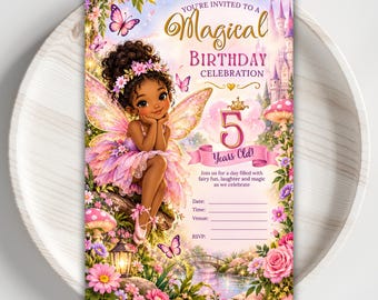Fairy Princess 5th Birthday Invitation, Magical Fairy Birthday Party Invite, Pink Butterfly Garden Invitation, Editable Canva Template