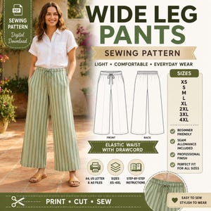 May include: A digital sewing pattern for wide leg pants featuring a white button-down shirt and light green striped pants with an elastic waist and drawcord. The graphic includes technical line drawings of the front and back, size charts from XS to 4XL, and icons for A4, US Letter, and A0 file formats with step-by-step instructions.