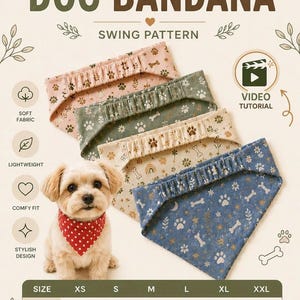 Op de afbeelding: Een naaipatroon voor een hondenhalsband met vier stoffen in roze, groen, crème en blauw met poot- en botmotieven. Een kleine hond draagt een rode bandana met stippen. Bevat een maattabel met afmetingen in cm en inches.