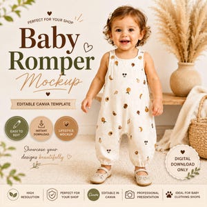 Puede incluir: Maqueta de pelele para bebé con un niño sonriente que lleva un pelele crema con ilustraciones de frutas. La imagen incluye el texto "Baby Romper Mockup" y "Editable Canva Template". Ideal para tiendas de ropa de bebé.