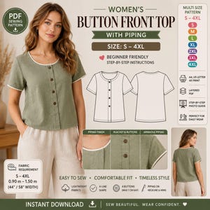 May include: A digital sewing pattern for a button-front top with piping. The design features a round neckline, short sleeves, and a front placket with four buttons. Includes technical line drawings, size range S-4XL, and fabric requirements.