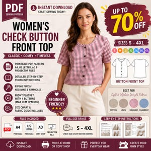 Button Front Top PDF Sewing Pattern, Women's Blouse Pattern, Short Sleeve Shirt Pattern, A4 A0 US Letter, Printable Sewing Pattern, Sizes S-