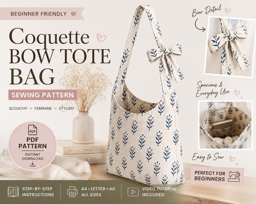 Tote Bag Sewing Pattern PDF | Cute Shoulder Bag With Bow | Beginner ...