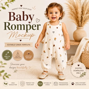 May include: A baby romper mockup featuring a smiling toddler wearing a cream-colored romper with fruit illustrations. The image includes text that says "Baby Romper Mockup" and "Editable Canva Template". The design is suitable for baby clothing shops.