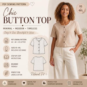 Könnte beinhalten: Ein digitales PDF-Schnittmuster für ein "Chic Button Top" in den Größen XS-4XL. Das Bild zeigt eine Frau, die ein beige-weiß kariertes Button-Up-Shirt trägt. Das Muster ist anfängerfreundlich und perfekt für Leinen- und Baumwollstoffe. Das Design ist minimalistisch, modern und zeitlos.