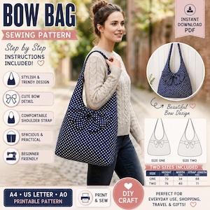 Peut inclure: Un patron de couture pour un sac à nœud papillon à pois blancs et bleu marine. L'image montre une femme tenant le sac, qui a un détail de nœud et une bandoulière confortable. Le patron comprend des instructions étape par étape et est adapté aux débutants.