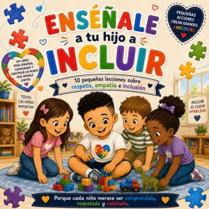 May include: A children's book cover titled ENSÉÑALE a tu hijo a INCLUIR with colorful text and puzzle piece graphics. The illustration shows four diverse children playing with building blocks and a toy dinosaur on a blue rug in a room.