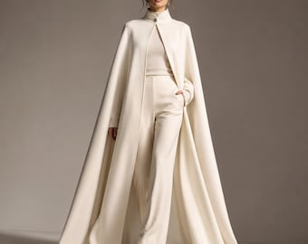 Ivory Wool Blend Cape Coat Set, Minimalist Long Cloak, Elegant Winter Outfit