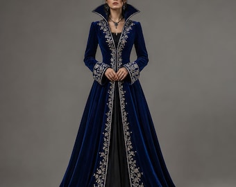 Royal Blue Velvet Gothic Coat Dress, Victorian Vampire Embroidery, Medieval Fantasy Outerwear