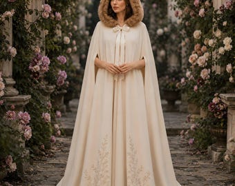 Ivory Hooded Cape Cloak, Faux Fur Bridal Wedding, Winter Fantasy Princess Embroidery