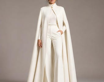 Ivory Wool Blend Cape Coat Set, Minimalist Long Cloak, Elegant Winter Outfit