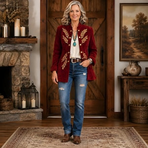 May include: A woman wearing a burgundy suede jacket with gold embroidered leaf designs, a white blouse, and blue jeans with distressed details. She is also wearing a turquoise necklace and a brown belt.