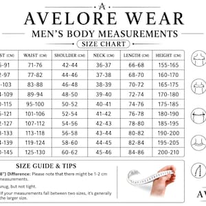 May include: Avelore Wear size chart for men's body measurements. Includes chest, waist, shoulder, neck, length, and height in centimeters. Also includes size guide and tips for accurate measurements.