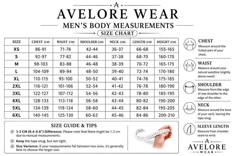 May include: Avelore Wear size chart for men's body measurements. Includes chest, waist, shoulder, neck, length, and height in centimeters. Also includes size guide and tips for accurate measurements.