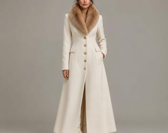 Women's Ivory Long Wool Coat, Faux Fur Collar, Elegant Maxi Overcoat