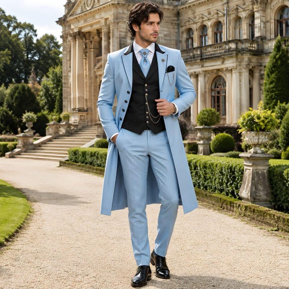 Sky Blue Tailcoat Suit, Victorian Wedding Formal Tuxedo Set