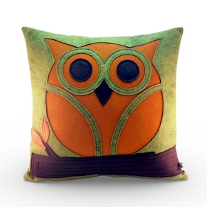 Wool Felt Owl Pillow: Quilted Applique, Modern Retro Decor image 1