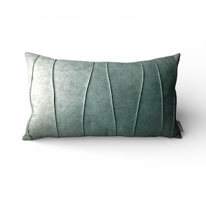 Light Blue Green Wool Felt Lumbar Pillow: Modern Ribbed Decor (12" x 20"), Handmade