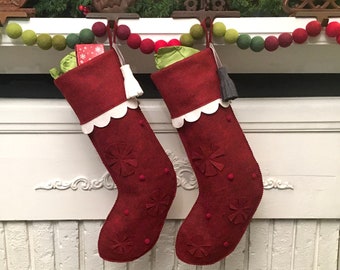 Handmade Wool Felt Christmas Stocking in Red--Choice of Tassel Color--Classic and Modern Heirloom Christmas Stocking