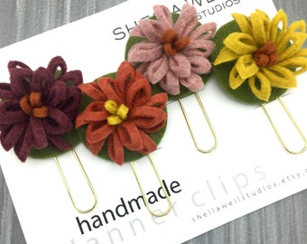 Set of 4 Colorful Felt Flower Planner Clips - Bookmarks - Bullet Journal - Paperclip - Organizer - Gift for Teacher - Gift for Reader