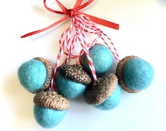 Felted Christmas Acorn Ornaments: Aqua Merino Wool Holiday Decor, Whimsical Retro Christmas