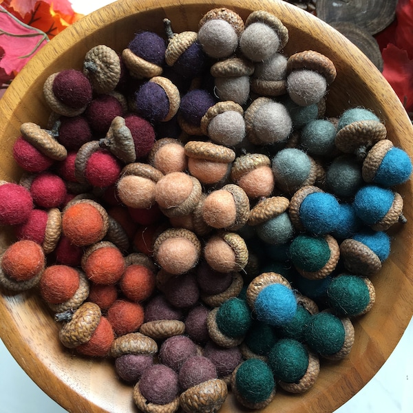 May include: A bowl filled with felt acorns in various colours, including red, orange, brown, green, and blue. The acorns are arranged in a circular pattern, with the tips of the caps facing outwards.