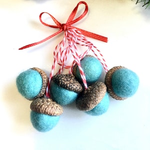 Felted Christmas Acorn Ornaments: Aqua Merino Wool Holiday Decor, Whimsical Retro Christmas