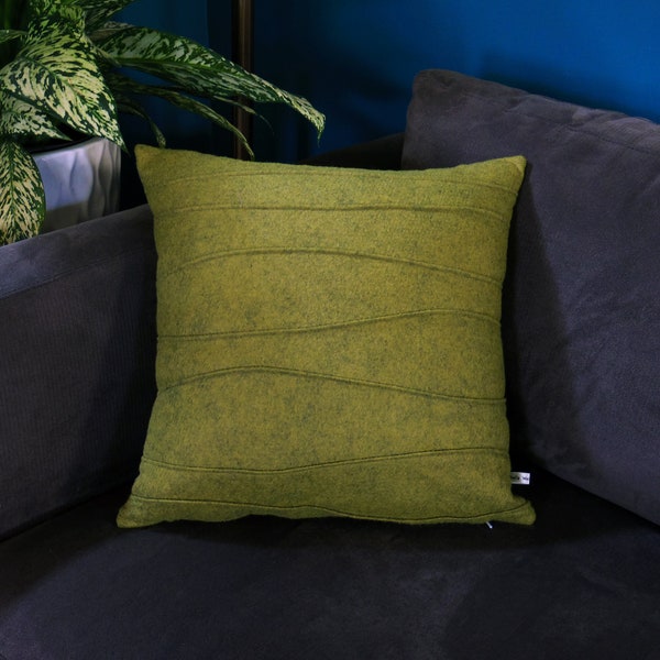 Green Pillow - Wool Felt Pillow - Handmade - Modern Pillow - Pin Tuck - Ribbed - Contemporary Home Decor - Synthetic Down Insert