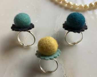 Wool Felt Ball and Silver Statement Ring, Essential Oil Diffuser Ring, Cocktail Ring