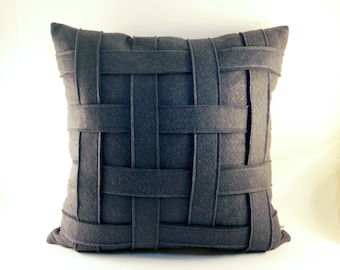 Charcoal Gray Pillow - Wool Felt Pillow - Handmade - Modern - Contemporary - Basket Weave - Criss Cross Pattern - Synthetic Down Insert-Gray