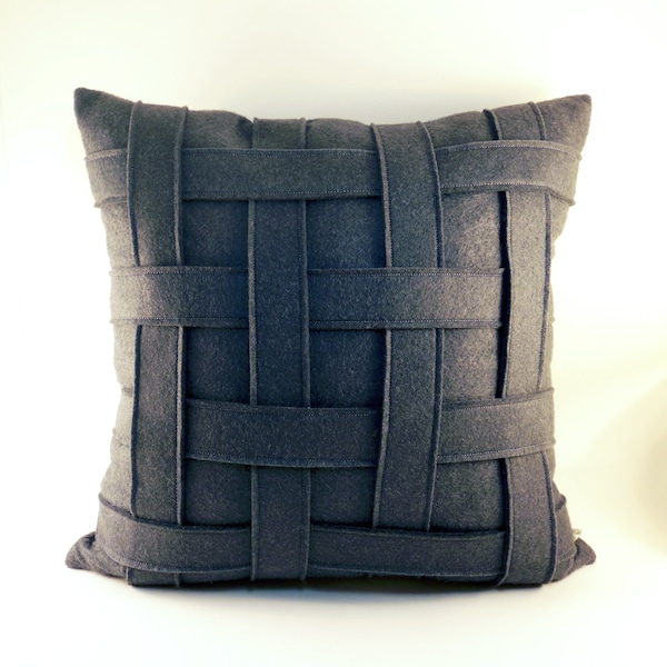 Charcoal Gray Wool Felt Pillow: Handmade Basket Weave Design