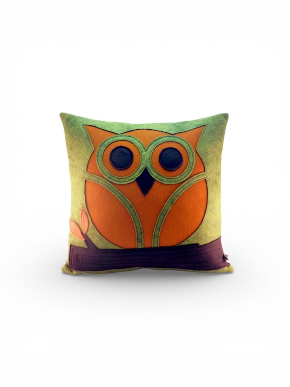 Wool Felt Owl Pillow: Quilted Applique, Modern Retro Decor