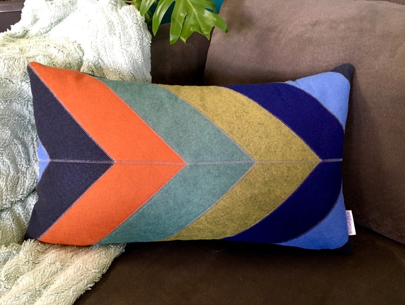 Modern Chevron Pillow in Blues Greens and Orange Wool Felt Etsy