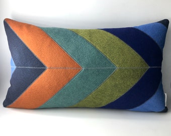 Modern Chevron Pillow in Blues, Greens, and Orange, Wool Felt Pillow, Lumbar Pillow, Handmade