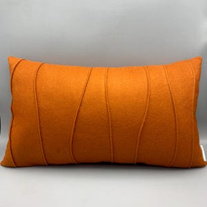Burnt Orange Lumbar Pillow in a Wool/Rayon Blend Felt, 20” x 12”, Handmade, Organic Ribbing Incredible Synthetic Down Insert, Dopamine Decor