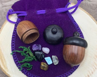 Tiny Wooden Acorn Trinket Container with Crystals, Good Luck Charm