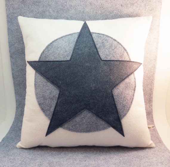 White And Gray Star Pillow White Wool Felt Pillow Gray Wool Etsy
