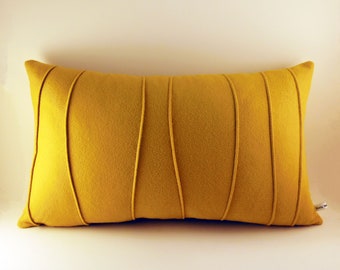 Mustard Yellow Pillow - Lumbar Pillow - Wool Felt Pillow - Modern Pillow - Handmade - Ribbed - 12" x 20" - Synthetic Down Insert