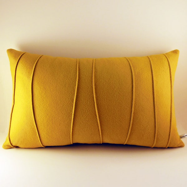 Mustard Yellow Pillow - Lumbar Pillow - Wool Felt Pillow - Modern Pillow - Handmade - Ribbed - 12" x 20" - Synthetic Down Insert