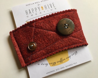 Wool Felt Coffee Cozy - Reusable Coffee Sleeve - Wool Felt Coffee Cozie - Coffee Lover - Stocking Stuffer -  Modern - Retro - Teacher Gift