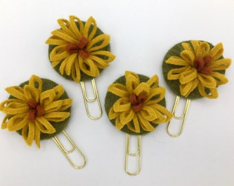 Set of Felt Flower Planner Clips - Felt Flower Bookmarks - Set of 4 - Bullet Journal - Paperclip - Organizer - School Supply - Sunflower