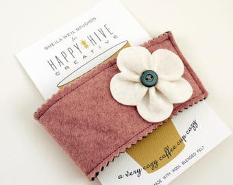 Wool Felt Coffee Cozy: Reusable Coffee Sleeve with Flower