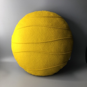 Round Wool Felt Cushion, Round Mustard Yellow Pillow, Round Cushion with Modern Wavy Ribbing, Handmade, More Colors Available