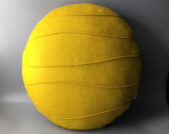 Round Wool Felt Cushion, Round Mustard Yellow Pillow, Round Cushion with Modern Wavy Ribbing, Handmade, More Colors Available