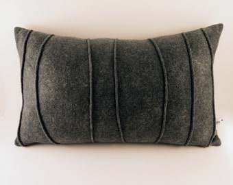 Charcoal Gray Pillow - Lumbar Pillow - Wool Felt Pillow - Modern Pillow - Handmade - Ribbed - 12" x 20" - Synthetic Down Insert