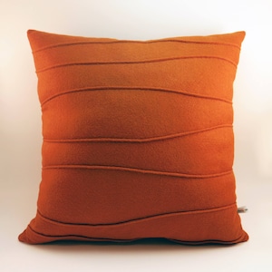 Handmade Burnt Orange Wool Felt Pillow: Modern Ribbed Home Decor
